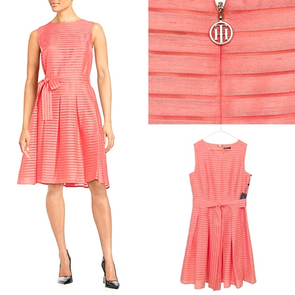 Tommy Hilfiger Dress Sleeveless Ribbon Stripe Fit & Flare Knee Length Round Neck - Picture 1 of 9
